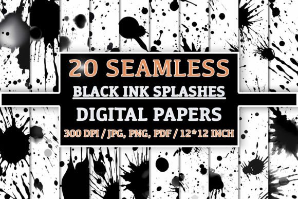 20 Seamless Black Ink Splashes Patterns