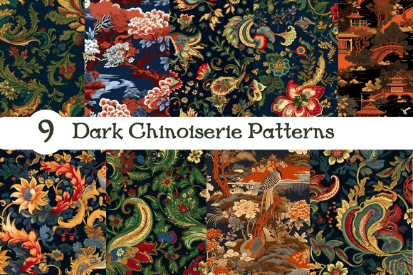 9 Dark Chinoiserie Seamless Patterns for Creative and Commercial Use