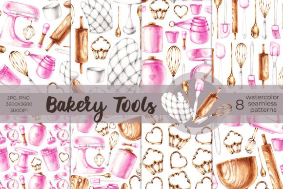 Watercolor Bakery Tools Patterns for Creative Design Projects